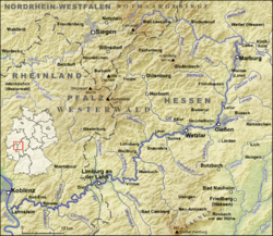 Carte de la vallée de la Lahn : le Westerwald est au nord.