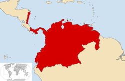 Localisation de la Nouvelle-Grenade (en vert) dans le nord de l'Amérique du Sud.