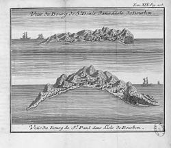 Vue de la rade de Saint-Denis (en haut) et de la baie de Saint-Paul (en bas) au cours du XVIIIe siècle.