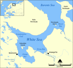 Carte de la mer Blanche avec la baie de la Dvina au sud-est.