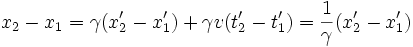 x_2-x_1=\gamma(x'_2-x'_1)+\gamma v(t'_2-t'_1)=\frac{1}{\gamma}(x'_2-x'_1)