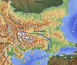 L'Arda (en rouge), la Marica en bleuCarte du bassin versant de l'Arda en territoire bulgare.