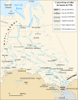 Carte des principaux cours d'eau du bassin de l'Ob. Le Bachkaous se situe au bas de la carte à droite.