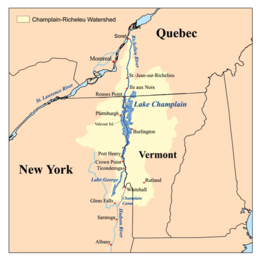 Carte géographique permettant de situer le lac Champlain au centre du Vermont