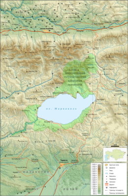 Au centre de la carte : le lac Markakol. Au sud-ouest de ce dernier, on peut voir le cours supérieur du Kaldjir ( Кальжир ).