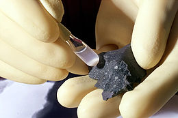 Un fragment de la météorite de Murchison en cours d'analyse.