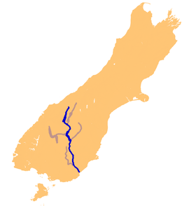 Le Clutha et ses affluents sur une carte de l'île du Sud.