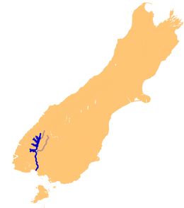 Le Waiau et ses affluents sur une carte de l'île du Sud.