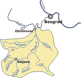 Le bassin de drainage de la Kolubara - Cette carte indique le cours de l'Ub.