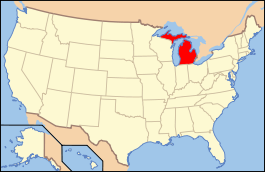 Carte des États-Unis avec le Michigan en rouge.