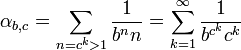 \alpha_{b,c} = \sum_{n=c^k>1} \frac{1}{b^nn} = \sum_{k=1}^\infty \frac{1}{b^{c^k}c^k}