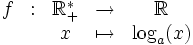 
     \begin{array}{ccccc}
       f & : & \R_+^* & \rightarrow & \R \\
       & & x & \mapsto & \log_a(x)
     \end{array}
   