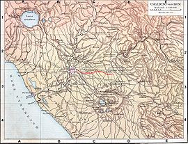 Plan du Latium antique (G. Droysens Allgemeiner Historischer Handatlas, 1886) avec l'Aqua Alexandriana en rouge.