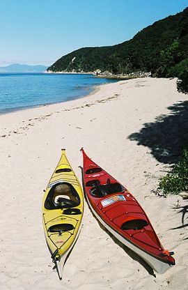 Kayaks de mer (fibre) sur une plage de Nouvelle-Zélande