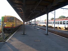 Le train jaune et une rame espagnole à quai, un convoi SNCF approche.