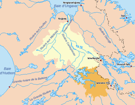 Bassin versant (jaune) de la Rivière Koksoak (Québec, Canada). Bassin détourné de la Rivière Caniapiscau vers la Grande Rivière en orange.