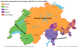 carte de la suisse divisée en régions linguistiques, la carte montre la séparation nette entre la zone alémanique et la zone romande à l'ouest, et l'alternance de zones allemandes, italiennes, romanches ou bilingues dans la partie su-est