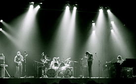 Pink Floyd en concert. De gauche à droite : David Gilmour, Nick Mason, Roger Waters et Richard Wright.