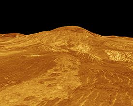 Visualisation 3D de Sif Mons à partir des données radar obtenues par la sonde Magellan en 1996[1].