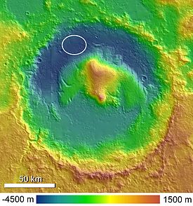 Topographie du cratère Gale et ellipse d'atterrissage prévue pour Mars Science Laboratory.