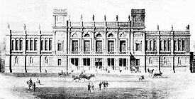 Le premier bâtiment de l'université de Londres, au 6 Burlington Gardens, devenu par la suite le musée de l'Homme, dessin de 1867.