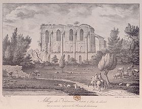 Les ruines de l'abbaye sur une gravure d'Ange-René Ravault (1820)