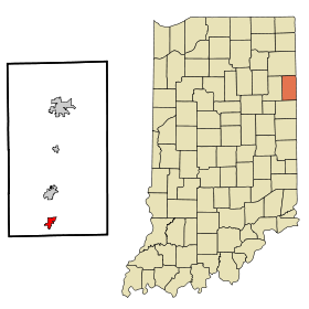 Adams County Indiana Incorporated and Unincorporated areas Geneva Highlighted.svg
