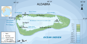 Carte d'Aldabra avec l'île Malabar dans le Nord de l'atoll.
