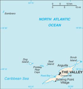 Carte du territoire britannique d'outre-mer d'Anguilla avec l'île d'Anguilla au sud-est.
