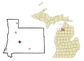 Antrim County Michigan Incorporated and Unincorporated areas Bellaire Highlighted.svg