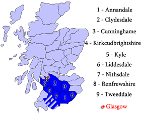 Schéma montrant les principaux districts sous l'influence du diocèse de Glasgow au Moyen Âge. Plus généralement, toute la moitié sud était concernée. foncé.