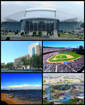 De haut en bas et de gauche à droite : Cowboys Stadium, University of Texas at Arlington, Rangers Ballpark in Arlington, Lake Arlington, Six Flags Over Texas.