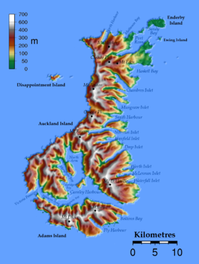 Carte topographique des îles Auckland.