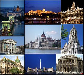 De haut en bas, de gauche à droite : le pont des chaînes Széchenyi, le château de Buda, le New York Palace, le Musée national, le Parlement, l'église Matthias, le Musée des arts décoratifs, la place des Héros et l'Opéra national