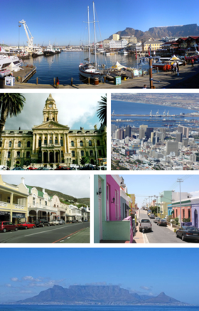 De haut en bas et de gauche à droite : Victoria & Alfred Waterfront, Hôtel de ville, City Bowl, Simon's Town, Bo-Kaap, Montagne de la Table.
