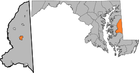 Caroline County Maryland Incorporated and Unincorporated areas Denton Highlighted.svg