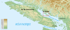 Localisation de l'île Texada sur une carte du sud-ouest de la Colombie-Britannique au Canada