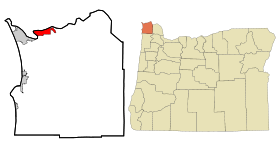 Clatsop County Oregon Incorporated and Unincorporated areas Astoria Highlighted.svg