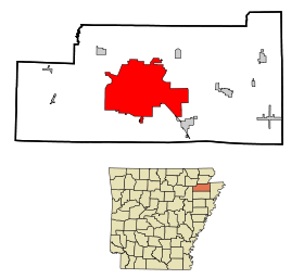 Craighead County Arkansas Incorporated and Unincorporated areas Jonesboro Highlighted.svg