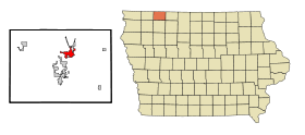 Dickinson County Iowa Incorporated and Unincorporated areas Spirit Lake Highlighted.svg