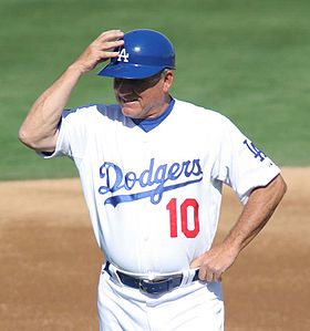 Dodgers coach Larry Bowa wearing a batting helmet, spring training 2008.jpg