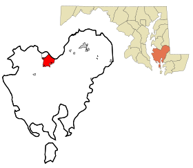 Dorchester County Maryland Incorporated and Unincorporated areas Cambridge Highlighted.svg