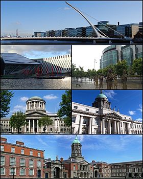 De haut en bas et de gauche à droite: Pont Samuel Beckett; Grand Canal Theatre; IFSC; Four Courts; Custom House; Château de Dublin.
