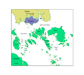 Carte de la région du détroit de Singapour avec la Malaisie en jaune, Singapour en bleu et l'Indonésie en vert dont les îles Riau (au centre).