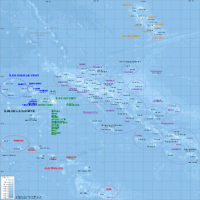 Les Australes (en bas et en rouge) sur la carte de la Polynésie française