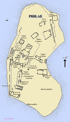 Carte de l'île d'Aguilkia avec les temples déplacés de Philæ.