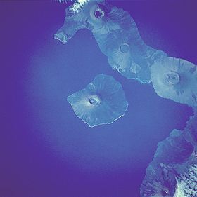 Image satellite de l'île Fernandina (au centre) et d'une partie de l'île Isabela (à droite).