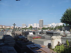Le cimetière de Gentilly, avec en arrière-plan les tours du quartier Italie 13, au centre desquelles la tour Chambord