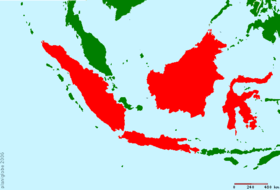 Carte des grandes îles de la Sonde incluant Sumatra, Bornéo, Java et Célèbes (en rouge) ainsi que les îles adjacentes.