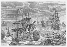 Une gravure du XVIIIe siècle du désastre, avec le HMS Association au centre